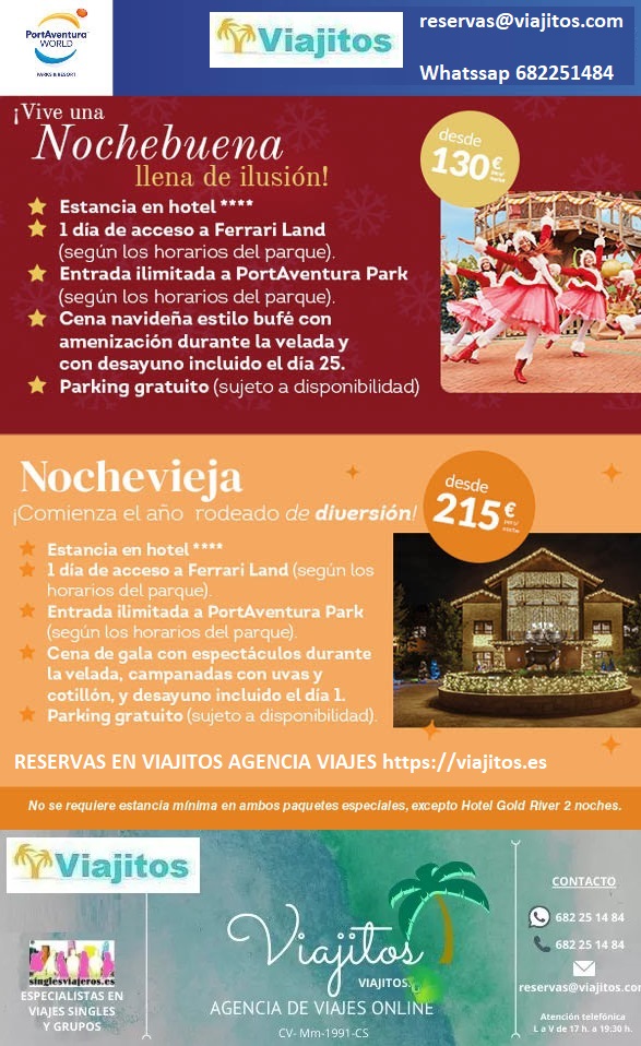 ValenciaSingles's tweet photo. OFERTA NOCHEVIEJA EN PORT AVENTURA WORLD HOTEL 4*+ ENTRADAS + CENA GALA ESPECTACULOS + COTILLON Y DESAYUNO DIA 1 DESDE 215€ 2 DIAS/1 NOCHE https://t.co/IlkJgRTaLn
EMAIL reservas@viajitos.com
WHATSSAP 682251484 https://t.co/alMJOSaxXg