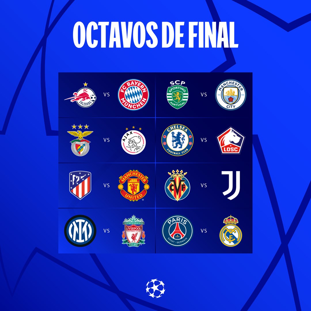 InvictosSomos's tweet photo. Listos los OCTAVOS de la UEFA Champions League:

➤ Salzburgo vs Bayern Munich.
➤ Sporting vs Manchester City.
➤ Benfica vs Ajax.
➤ Chelsea vs Lille.
➤ Atlético vs Manchester United.
➤ Villarreal vs Juventus.
➤ Inter vs Liverpool.
➤ PSG vs Real Madrid.

LO QUE SE VIENE. https://t.co/vaMnQvD6IT