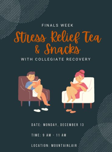 BEST WISHES ON FINALS! Today from 1-3 in the Mountainlair <a href="/recovery_wvu/">WVU Collegiate Recovery</a> will be giving out free Finals Week snacks and tea! 😁☕️