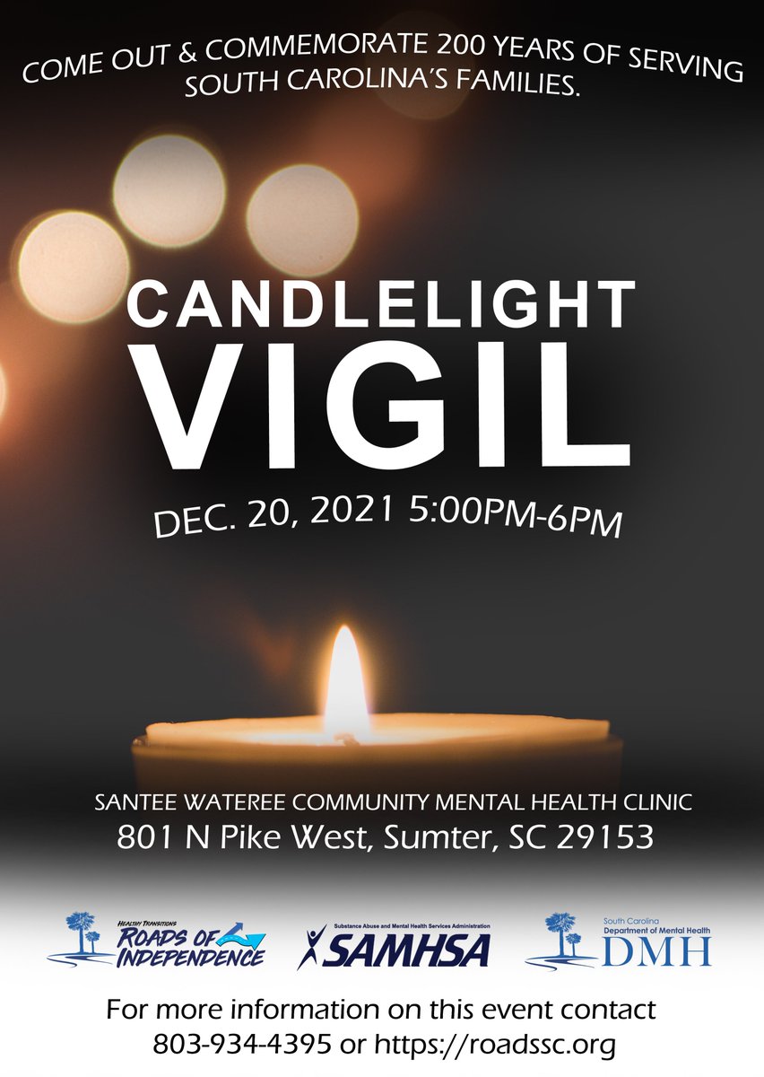 Roads_SC's tweet photo. Join us on Dec. 20 to commemorate 200 years of SCDMH serving individuals and families.  

Visit our website: https://t.co/1497fDdBDE

#RoadsofIndependence 
#HealthyTransitions 
#Candlelightvigil https://t.co/Y37VWI0dJz