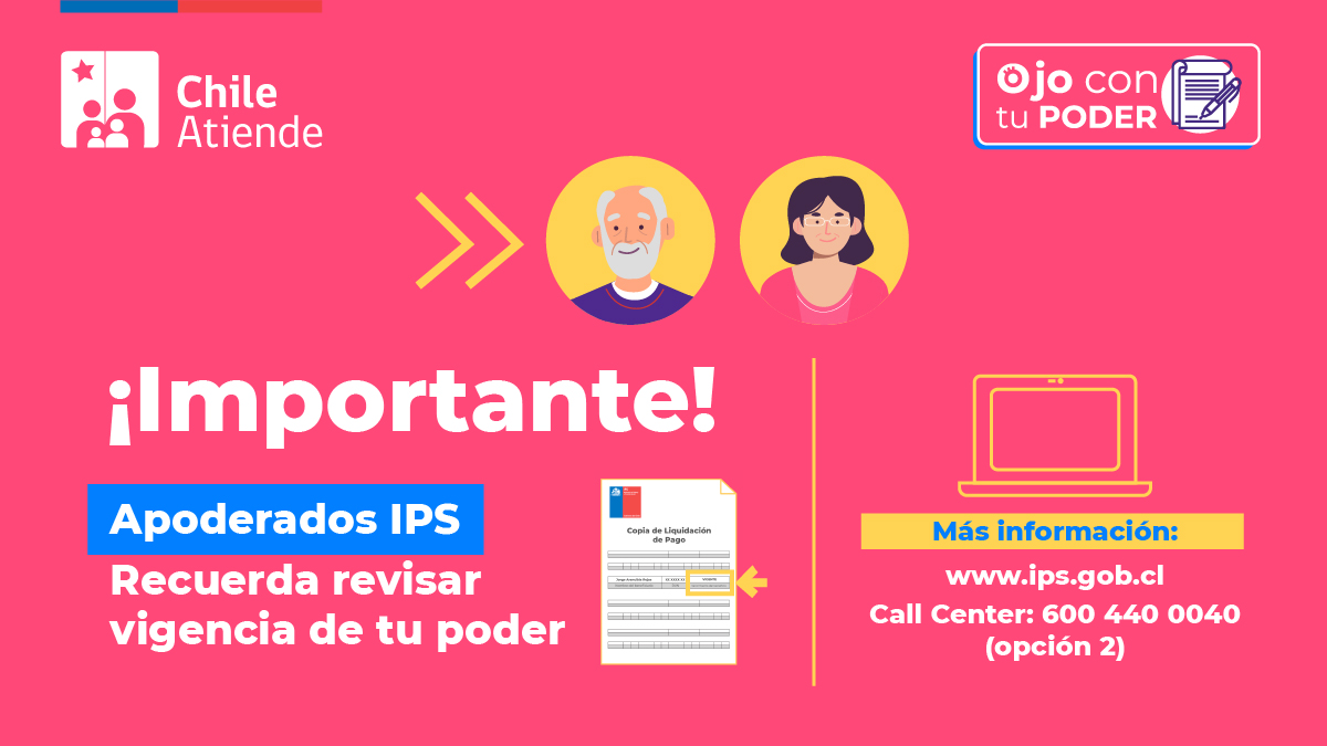IPSChile's tweet photo. Si cobras un beneficio o pensión del IPS en calidad de apoderado, #OjoConTuPoder:

✅ Renuévalo un mes antes del vencimiento
✅ Ubica la fecha de caducidad en la liquidación de pago 
✅ Si debes renovar, hazlo en una sucursal ChileAtiende.

+ Info aquí 👉 https://t.co/MWnTwznLfI https://t.co/JlbOXdWkZn