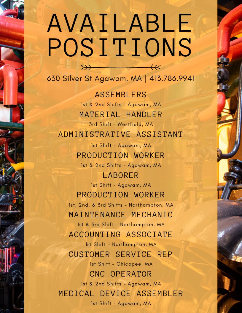 ReliableTemps's tweet image. Reliable Temps is #hiring ! Please call our Agawam office at 413-786-9941 for more information!