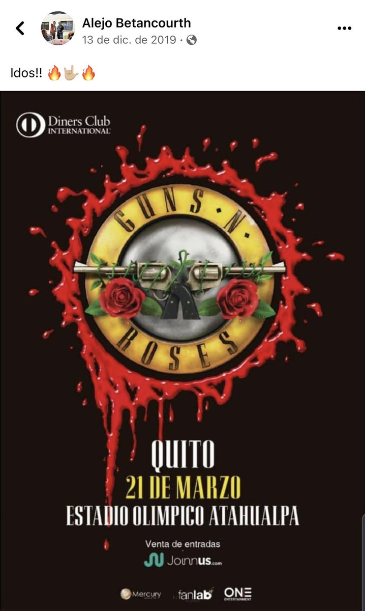 PadrinoAlejo's tweet photo. Hace 2 años compartía la alegría de poder ver a una de mis bandas favoritas hoy comparto la preocupación ante una posible #EstafaMasiva como yo muchas personas confiaron su dinero a #OneEntertainment y @JoinnusEcuador y hasta el día de hoy no hay respuestas #DevoluciónEntradasGnR https://t.co/ASfItF7EOi