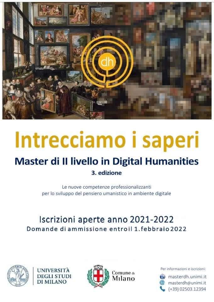 Siamo alla 3. edizione del master di 2. livello in Digital humanities della Statale di Milano 🖥📖🔎📃
@lastatale_milano_official
@uniml_2021

#master #masterdigitalhumanities #digitalhumanities #dh #informaticaumanistica #universitadeglistudidimilano #culturadigital