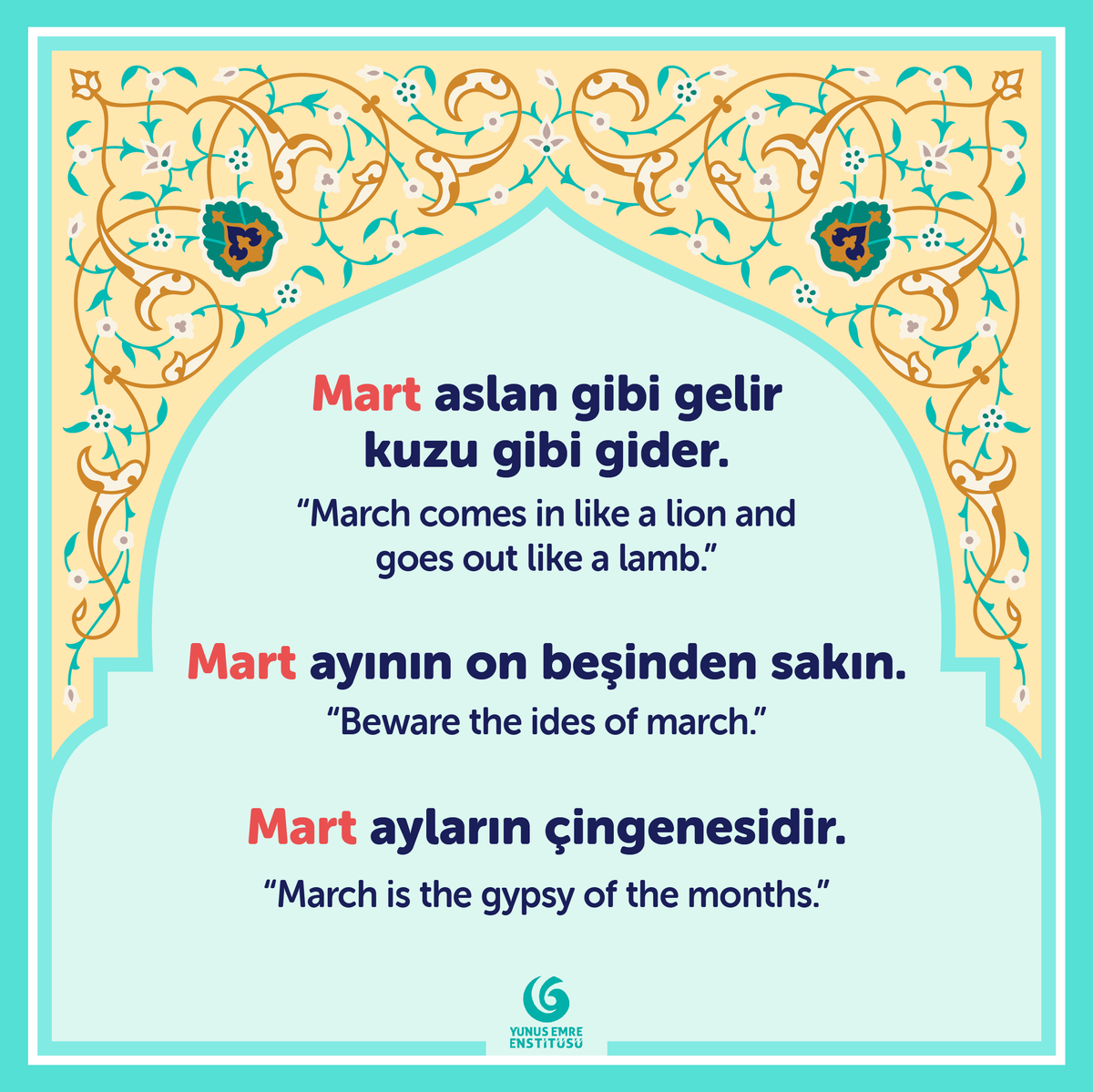 yeeamerika's tweet photo. 🇹🇷 ❝Mart ayı dert ayı❞

🇺🇸 ❝March is the month of trouble❞

#MerhabaMonday #TurkishIdioms 
#NewLanguage #TurkishCulture https://t.co/dNDJ5PDJ21
