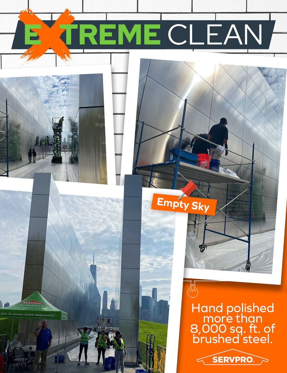 The "Empty Sky" 9/11 memorial was recently cleaned after 20 yrs. This extreme clean took 1,900 hours of manpower and more than 250 lbs. of towels!