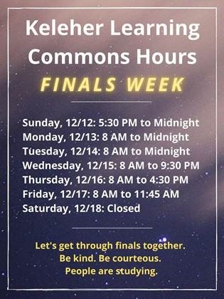 USMKeleherLearn's tweet photo. Check out the KLC's hours for Finals Week! We're open late (until midnight!) Sunday, Monday, and Tuesday this week. ๐
#KeleherLearningCommons #SpireNation #BeKind https://t.co/TYzwRKB5xe