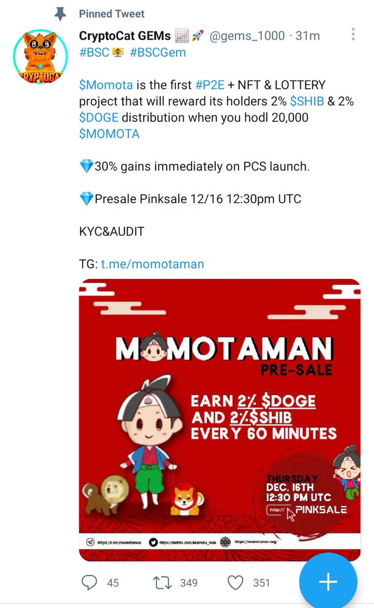 #bsc #bnb #momota #MOMOTAMAN
#SHIB #dogecoin <a href="/gems_1000/">CryptoCat GEMs 📈🚀</a>

💎The next 100X BSC Gem!💎
ⓂCOMMUNITY TOKENⓂ

💎HODL🤝 $MOMOTA 🙋
💰EARN 2%$SHIB🐕&amp; 2%$DOGE🐶

✅ 1% MARKETING
✅ 1% AUTO LIQUIDITY POOL
✅ KYC&amp;AUDIT
✅ 100% SAFU

x.com/gems_1000/stat…

Join TG: t.me/momotaman