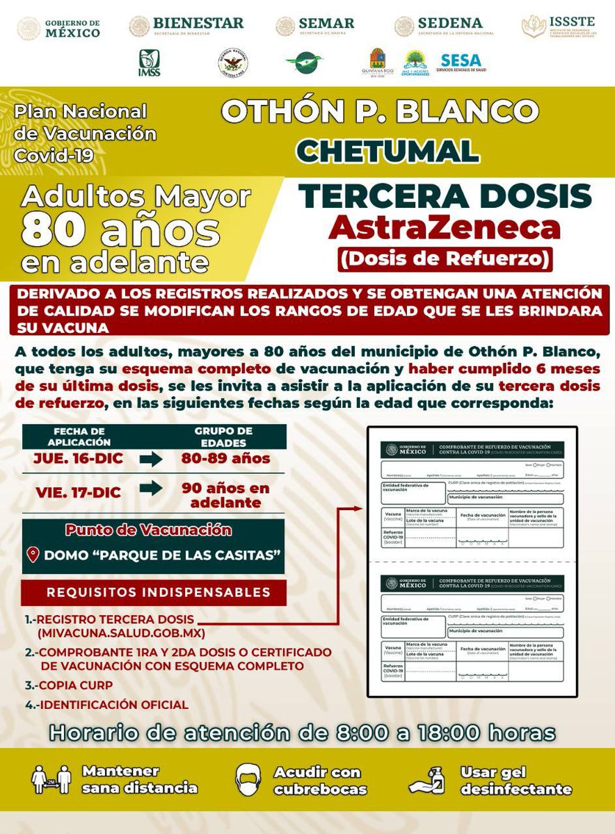 Quintanarroenses mayores de 60 años: Esta semana les toca su 3.ª dosis de refuerzo AstraZeneca si viven en: #LázaroCárdenas, #IslaMujeres, #PuertoMorelos, #Cozumel, #JoséMaMorelos y #Bacalar. Y de 80 años en adelante en #OthónPBlanco. #PonteVIVO <a href="/SESA_QROO/">SESA Quintana Roo</a>