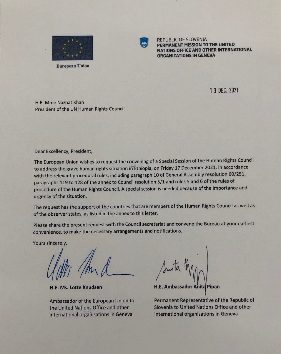 EU_UNGeneva's tweet image. Today, over 50 countries have requested to hold a Special Session on the grave situation in #Ethiopia. "The Human Rights Council has to stand up to its responsibilities," says EU 🇪🇺Ambassador Lotte Knudsen. #SS33