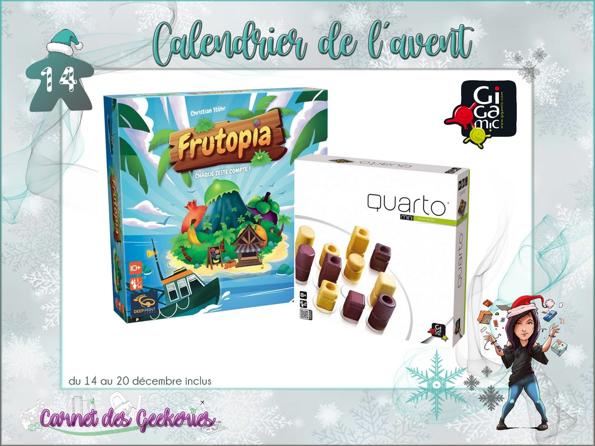 🎅 #CONCOURS 🎄  𝐂𝐚𝐥𝐞𝐧𝐝𝐫𝐢𝐞𝐫 𝐝𝐞 𝐥'𝐀𝐯𝐞𝐧𝐭 🎁 Case n°14

Récolte de fruits sur une île paradisiaque, &amp; jeu abstrait en version de poche, ça vous dit ?

🎁 A gagner : Frutopia &amp; Quarto Mini
🎄 RT + Follow <a href="/_Hina___/">🌺 Hina 🎲 Carnet des Geekeries</a> &amp; <a href="/Gigamic/">Gigamic</a>

🌟Fin le 20/12/21
🇧🇪 🇫🇷 🇱🇺

#j2s #bgg