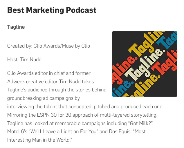 nudd's tweet photo. Thank you @Adweek for naming #Tagline by the @ClioAwards the best marketing podcast of 2021. Season 2 is coming in February! https://t.co/yizPo3nXML https://t.co/pvnVzcSncs