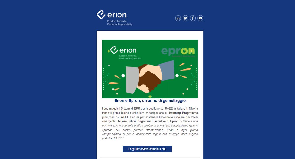 ErionSistema's tweet photo. Con l’arrivo delle feste torna la nostra #ErioNews: la newsletter per restare sempre aggiornati su tutte le novità del Sistema e le notizie più importanti in tema #sostenibilità ambientale e #economiacircolare. Leggila qui: https://t.co/dmpifSLPAy https://t.co/JQroZ0PVed