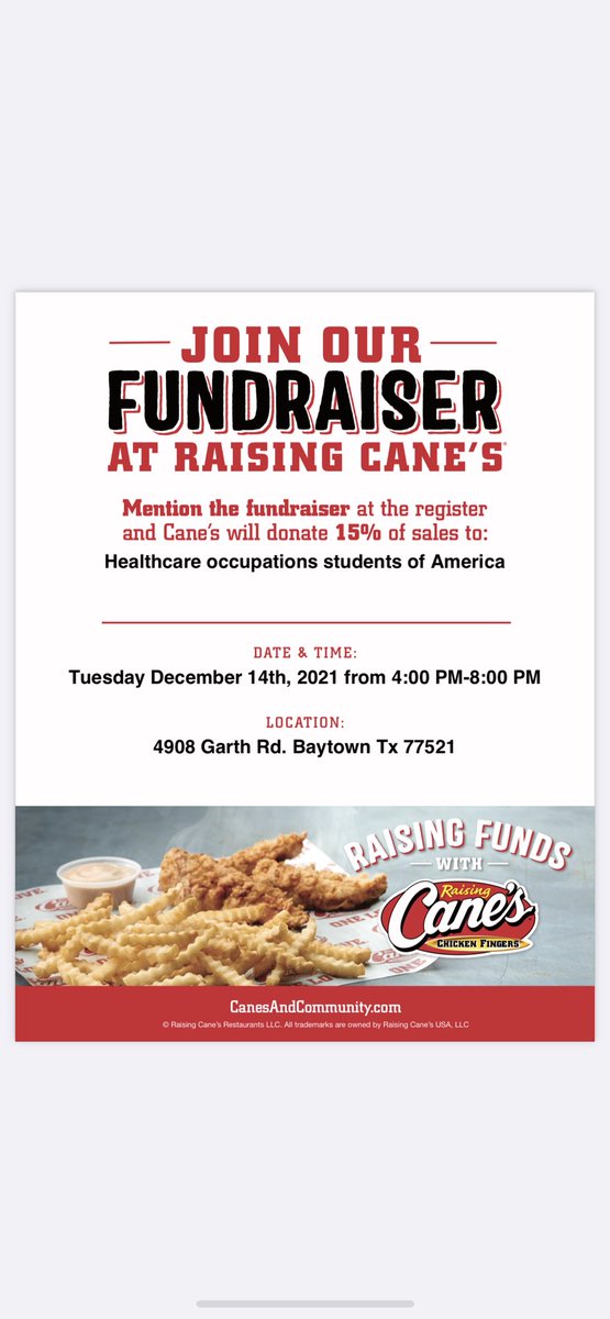 Spirit day tomorrow at raising canes!! 🍟 Come and Support and remember to Mention LEE HOSA at register 😊