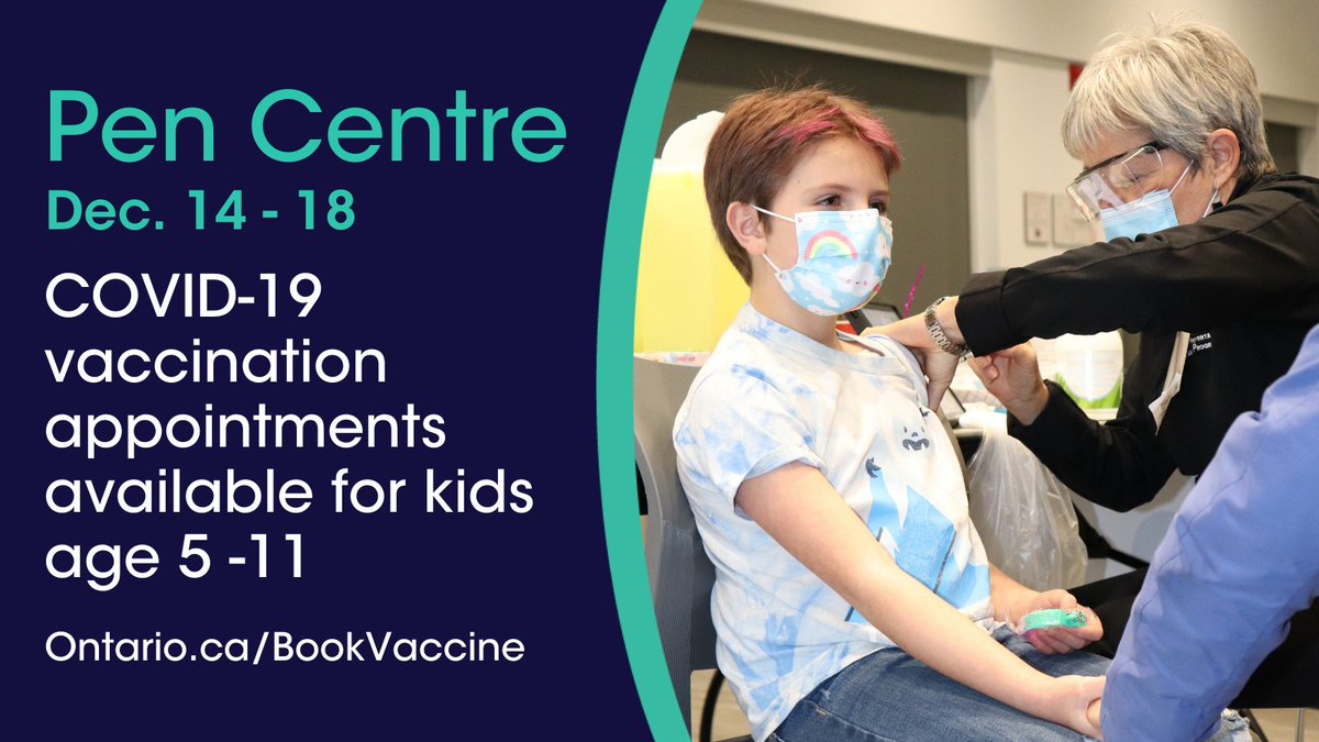 From December 14-18, the Pen Centre is hosting vaccine appointments for kids age 5-11.

🚌Free bus rides for those with appointments. Just let the driver know the clinic you're going to.

Book now at ontario.ca/BookVaccine or call 1-833-943-3900 #VaccinateNiagara #StickItToCovid