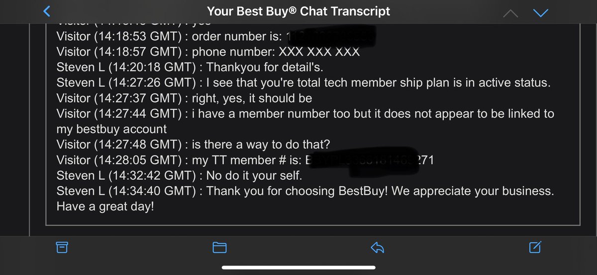 I almost want to find this funny, <a href="/BestBuySupport/">Best Buy Support</a>, but you might need to vet your holiday surge agents a bit. I asked to cancel an item purchased with my TT membership and connect my TT to my bestbuy acct. Your agent had other ideas? Good lord.