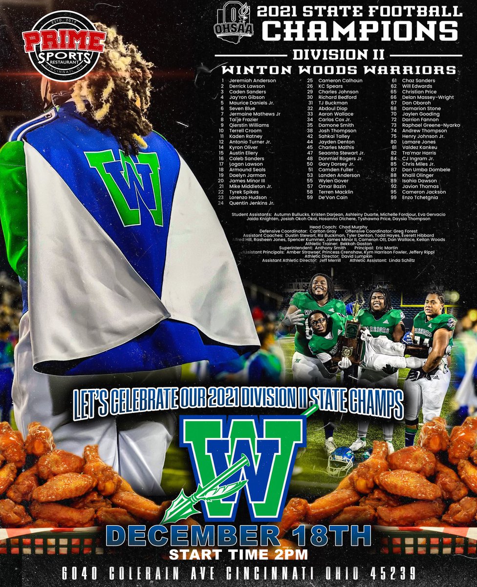Winton_WoodsFB's tweet photo. See ya THIS Saturday, December 18th, 2pm at Prime Sports (Colerain Ave) to CELEBRATE!! Players, parents, family, alumni, fans!! 🎉🏆💍🔵🟢 https://t.co/ve9jdCmwh6