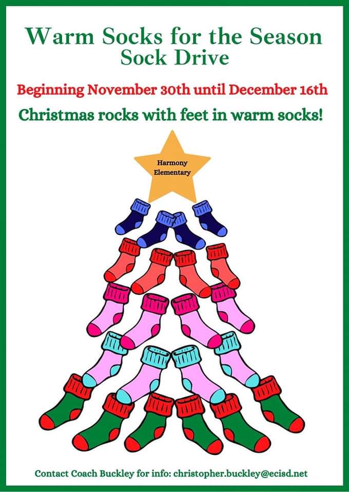 HarmonyPta's tweet photo. Last week to make your sock donations for Coach Buckley's sock drive. Socks are being collected in the school gym.
@ECISDtweets @HarmonyPta #supportyourPTA https://t.co/vIrxYfO27R