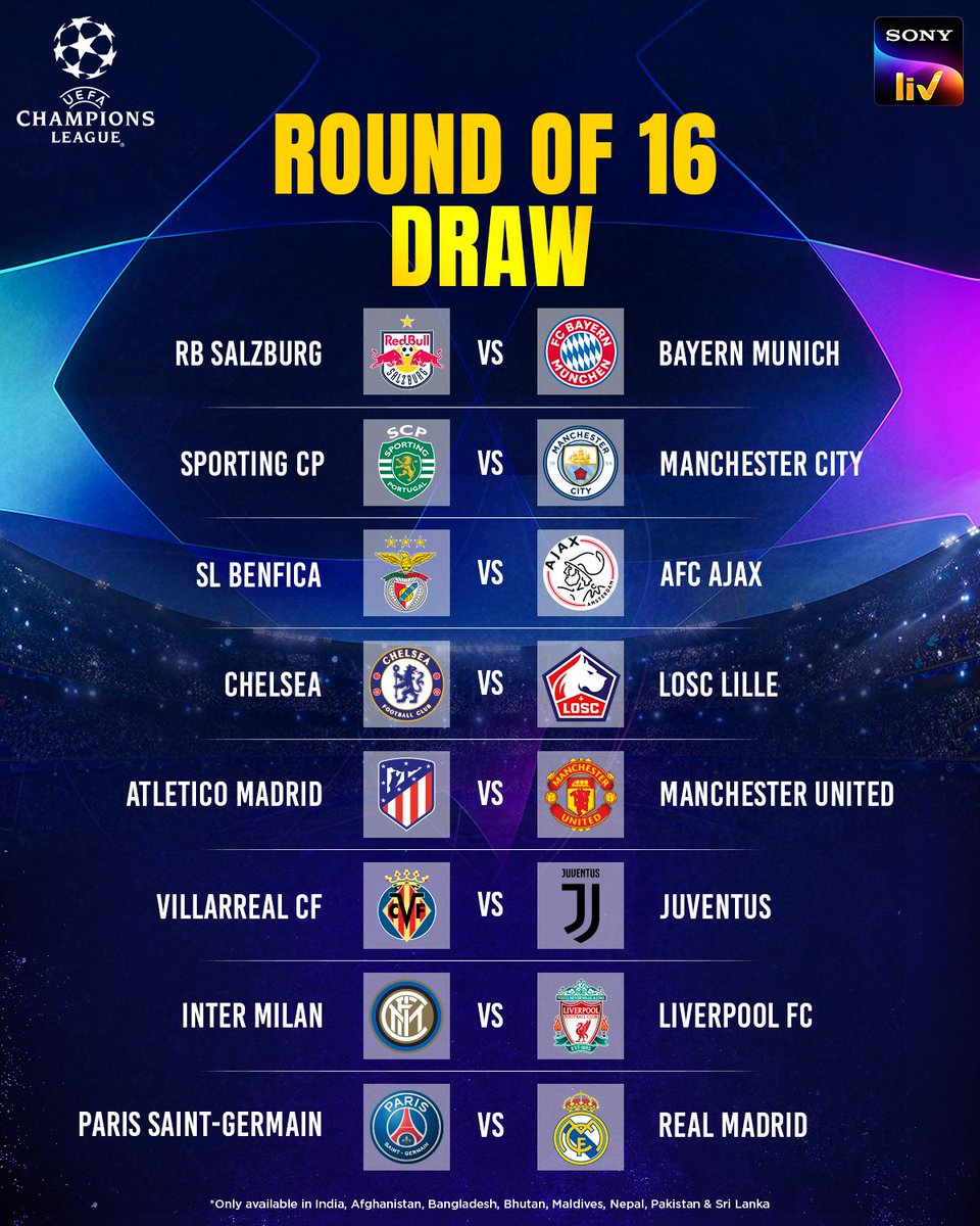SonyLIV's tweet photo. ๐ผ๐๐ ๐๐๐ for #UCL Round of 16 ๐ช
Are you excited or are you excited? ๐คฉ
Best fixture = โ
#UltimateClashofLegends #UCLdraw #SonyLIV https://t.co/CKD9fnDKCs