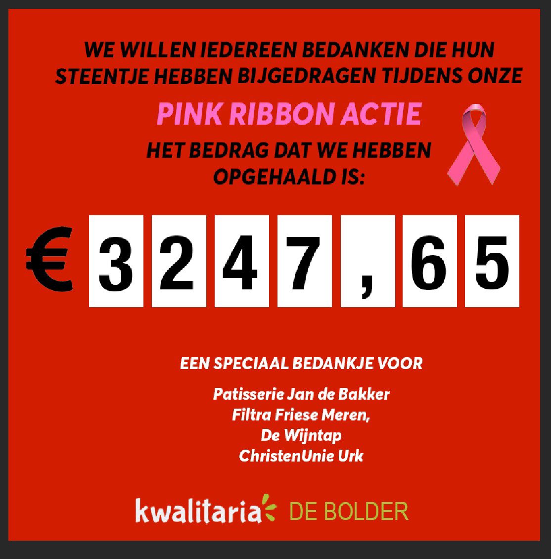 We willen iedereen bedanken voor hun bijdrage tijdens de Pink Ribbon actie vorige week. Dankzij diverse donaties is het bedrag nog verder opgelopen en mogen we een prachtig bedrag doneren❤️❤️ #PinkRibbon