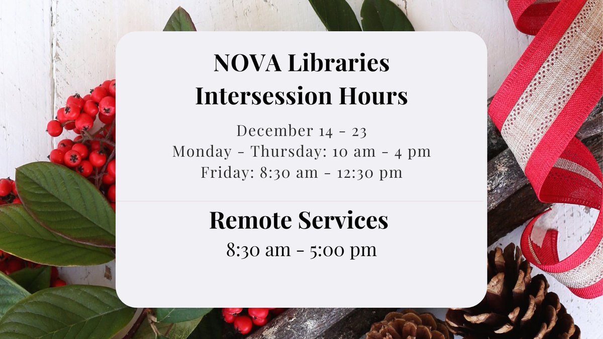 NOVALibraries's tweet photo. AN Library: Finals are over, but the libraries will still be here for you during the December intersession. Check our website for more details! See link in bio. #novalibraries #novanighthawks #novastudents #onenova https://t.co/MAjqSLdQWK