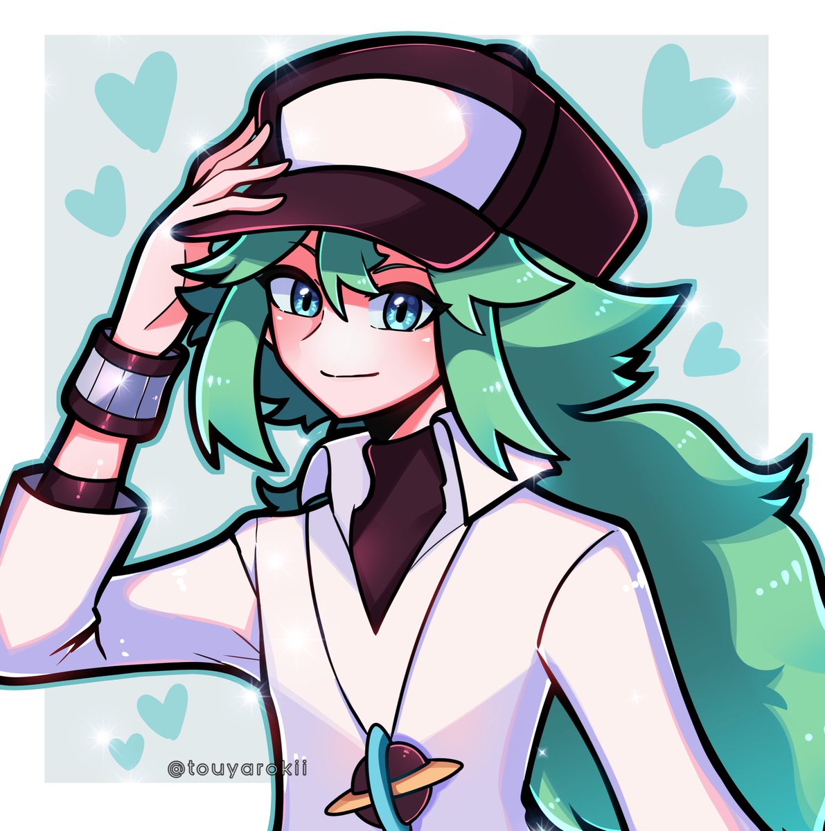 n (pokemon) 1boy male focus green hair long hair hat solo smile  illustration images