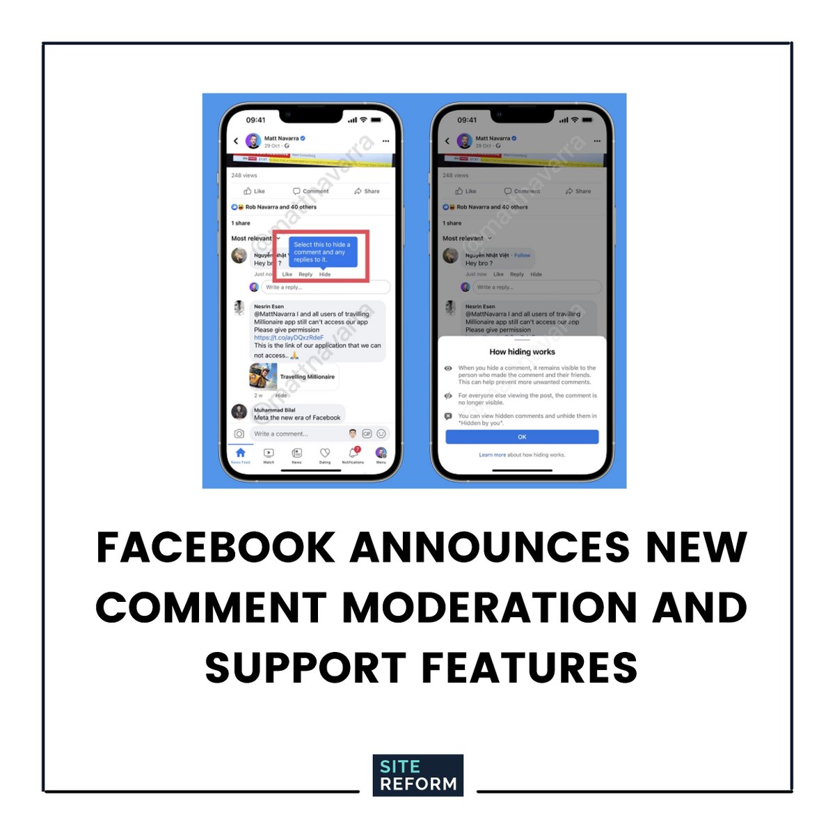 sitereform's tweet photo. Facebook announces new features for comment moderation and support.

#socialmediaupdate #sitereform https://t.co/xz9FJ1pi1L