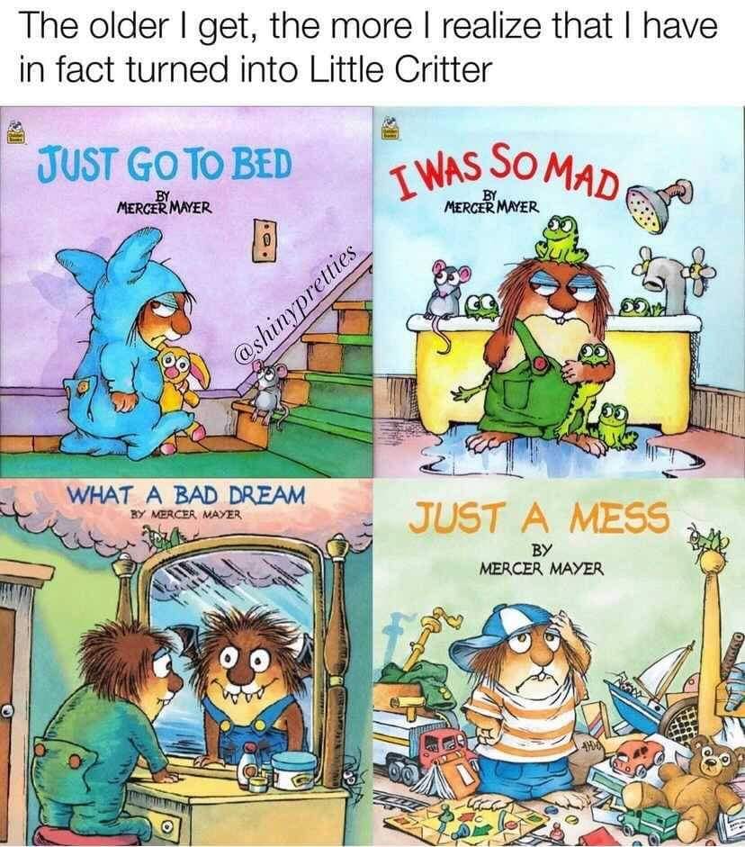 Anyone else? 

"The older I get, the more I realize that I have in fact turned into Little Critter." 

via Quarentine Memes