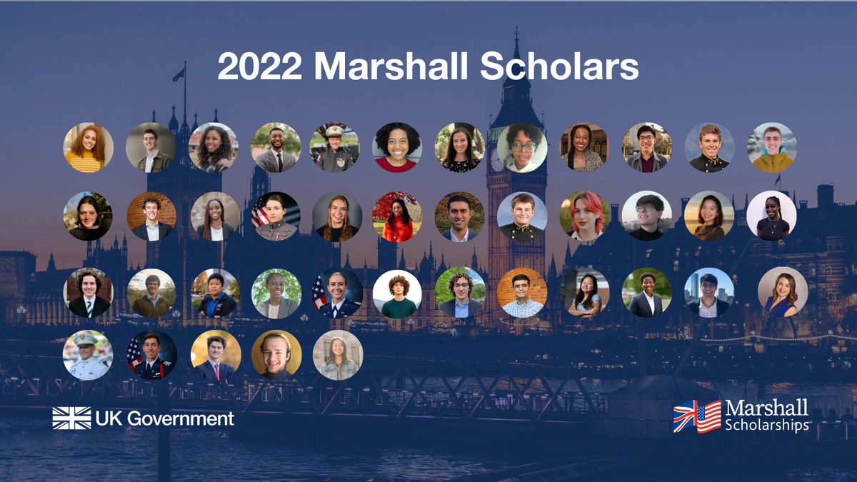 We are excited to announce this year’s winners of ’22 Marshall Scholarships! This exceptional group, representing 🇺🇸’s best and brightest students, will undertake graduate study at many of the 🇬🇧’s top unis beginning next year. Thread 👇