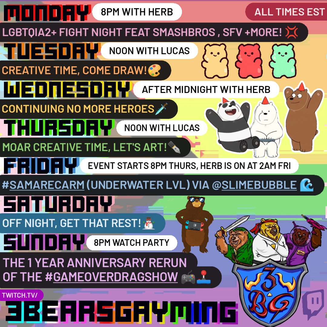 Fights, Art, Chats, Collabs + Drag all this week on 3BG 👾🐻🏳️‍🌈 
#lgbtqia2s #liveontwitch #gamers #gaymers #gaymerbear #lgbtqia #fightnight #artists #samarecarm #dragshow #nomoreheroes #retrogamer #fgc #drawing #supportqueerartists #twitchcommunity #gamingcommunity #queergamers