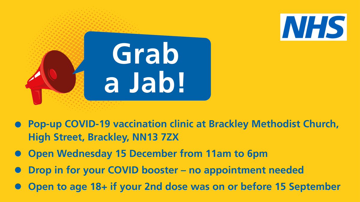 ourNHCP's tweet photo. #grabajab in Brackley on Wednesday 15 December!
Visit our pop-up clinic for your booster (18+), 1st or 2nd dose (16+) or 3rd primary dose if eligible. No appointment needed! Just show up and #getboosted:

Brackley Methodist Church
High Street, Brackley
NN13 7ZX https://t.co/snILGeRRjA