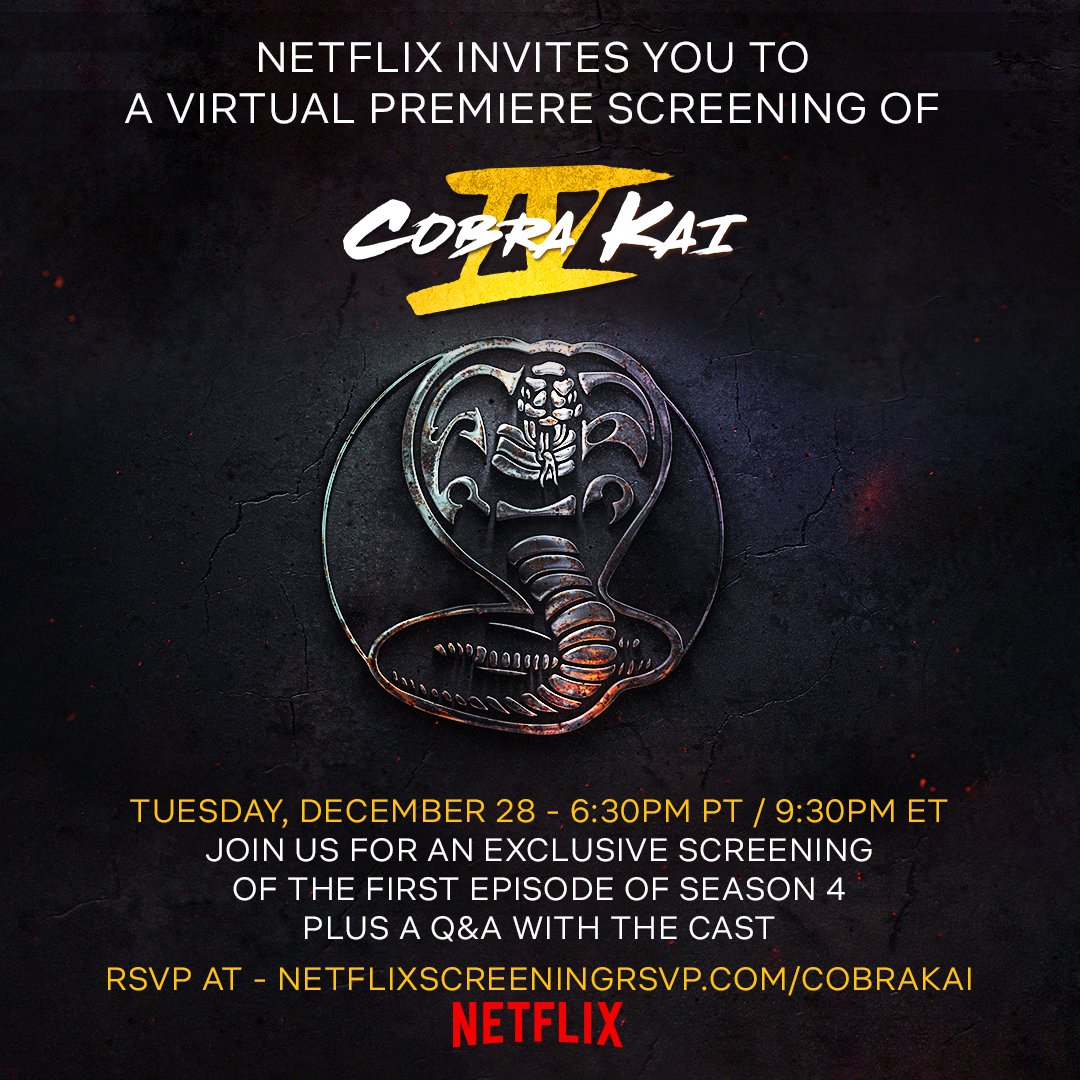 Can't wait for the new season of Cobra Kai? No duh. Sign-up at the link below for the virtual premiere of Season 4, plus a Q&amp;A with the cast. Limited quantity. Tickets first come, first served. netflixscreeningrsvp.com/cobrakai