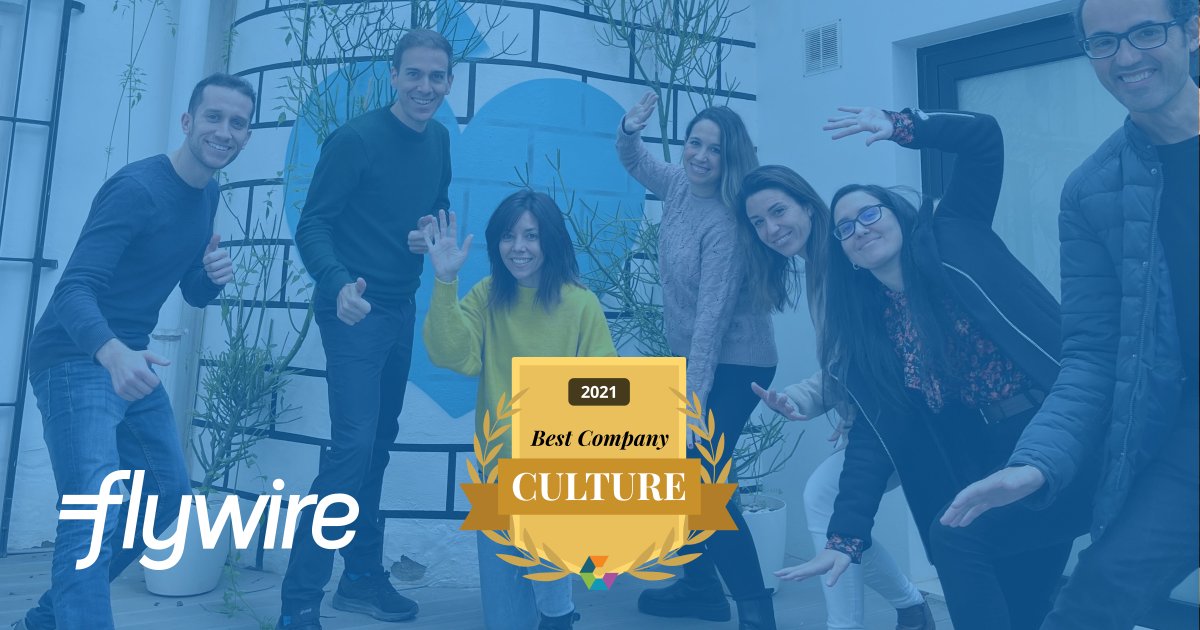Flywire is a winner of <a href="/Comparably/">Comparably</a>'s Best Company Culture 2021. We are honored to receive this award for having one of the best &amp; most supportive work cultures around, according to ratings from our FlyMates. #ComparablyAwards #InsideFlywire #companyculture comparably.com/awards/winners…