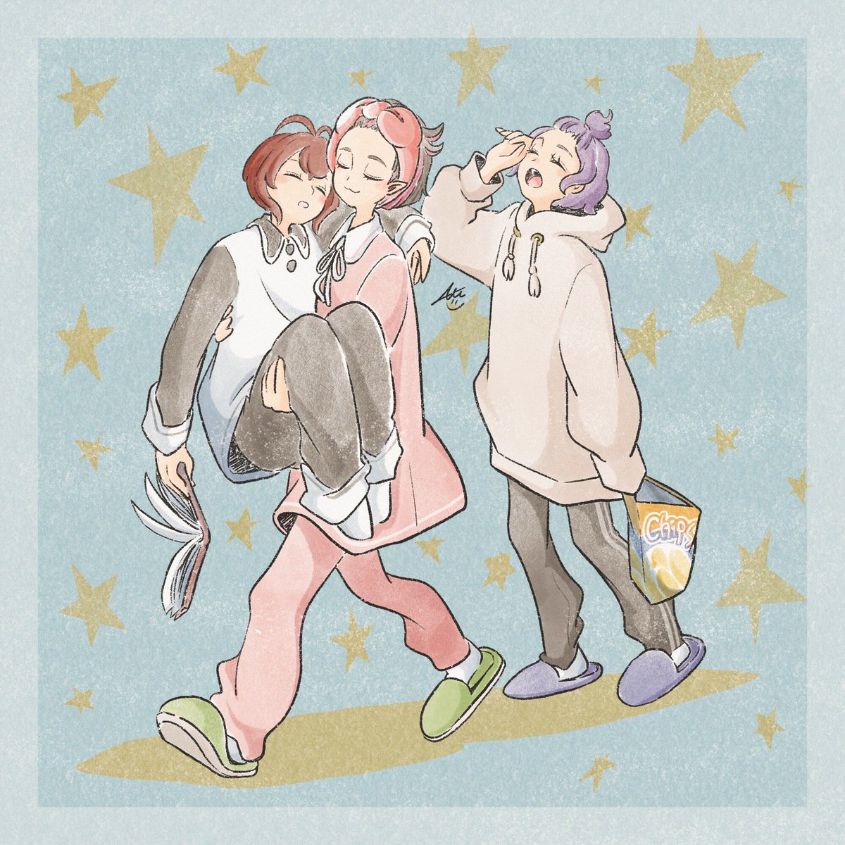 multiple girls 3girls closed eyes carrying slippers short hair purple hair  illustration images