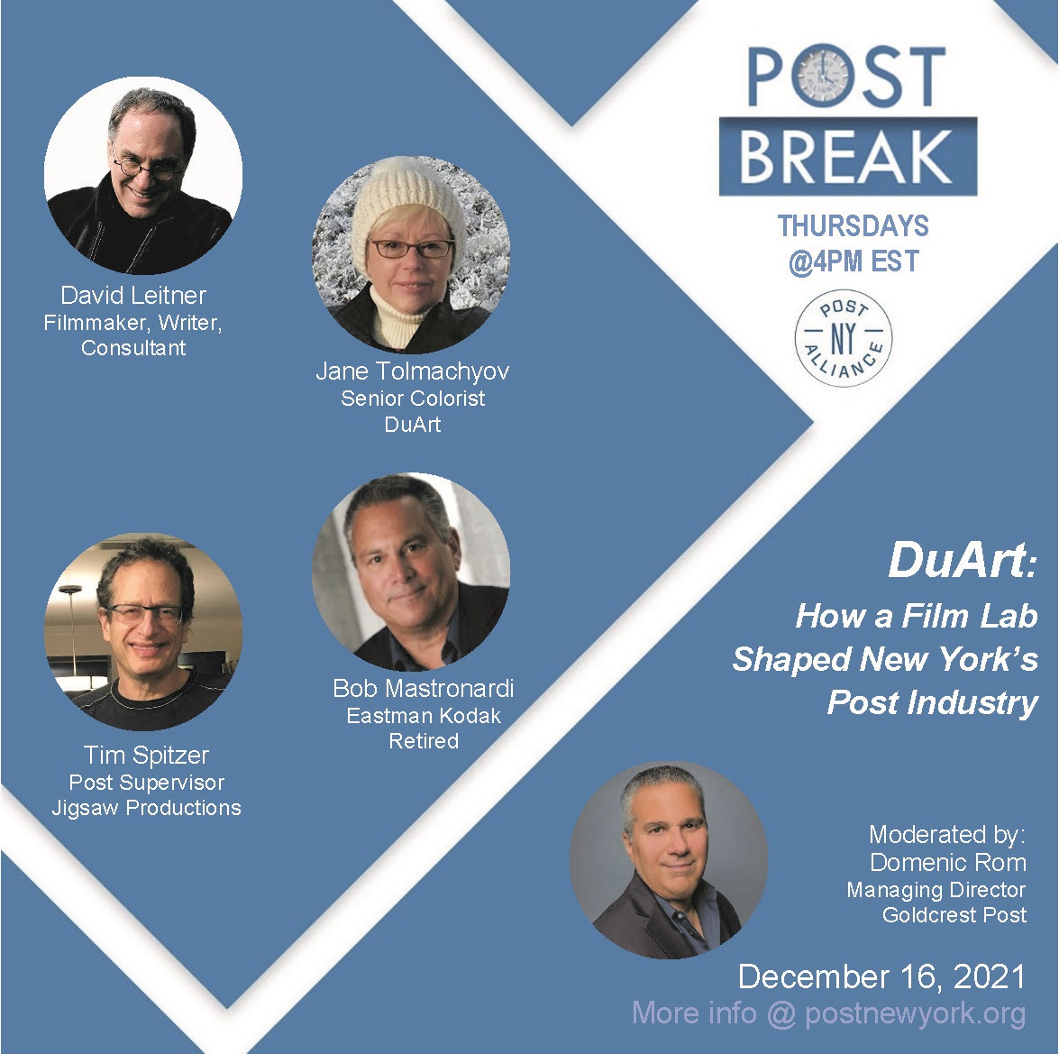 PostNY's tweet photo. PB: DuArt and the Independents, How a Small NY Lab Defined NY's Post Business = next Th., 12/16 @ 4PM ESTπ
JOIN US to discuss and celebrate their legacyβ£οΈ
REGISTER: https://t.co/jYFMpaQGZJ
#postbreak #postproduction #film #PNYA https://t.co/92aFW2XQaq
