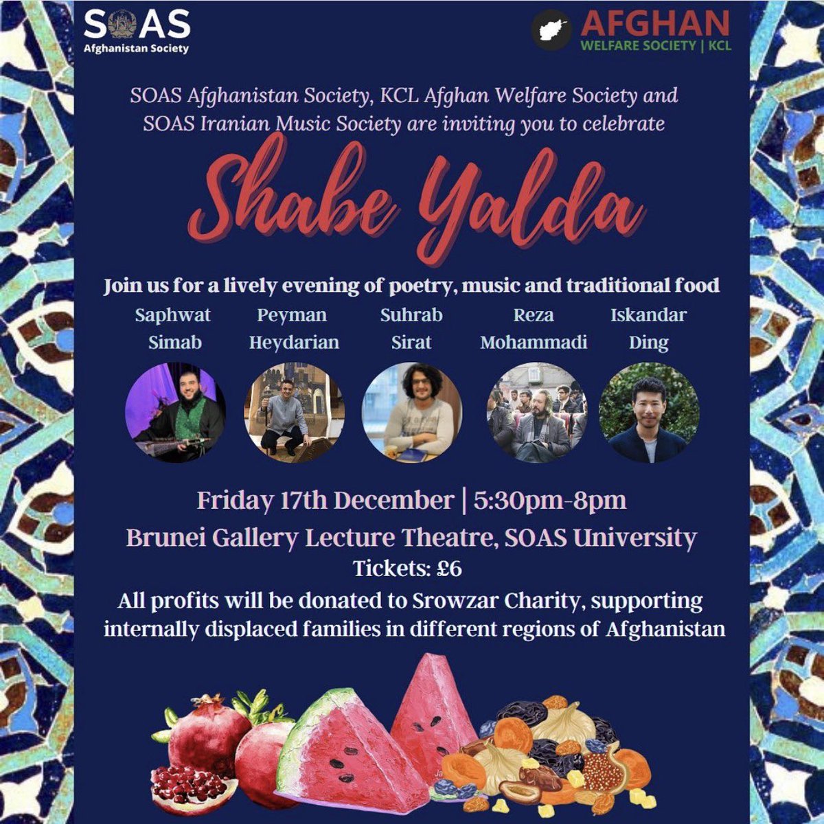 soasafgsoc's tweet photo. Dear all,

Our SOAS x KCL Shabe Yalda celebration will be held this Friday at the Brunei Gallery. Don’t miss out on the amazing lineup!

Purchase your tickets via the link below. Hope to see you all 🤩

https://t.co/Jj8rrZaz5o https://t.co/uKoIZmJn3b