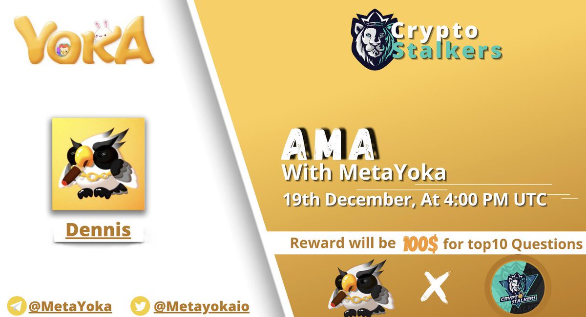 Zain_Onchain's tweet photo. 📢 We're thrilled to announce our next #AMA with @Metayokaio on 19th dec at 4:00 PM UTC

💰 Reward Pool: 100$
📍 Venue: https://t.co/4koyOUE3q5
〽️ Rules:
✅ Follow @StalkersCrypto &amp; @Metayokaio 
✅ Like &amp; Retweet
✅ Comment Questions &amp; Tag 3 Friends with BEP20 address https://t.co/lfkdrfN2uK