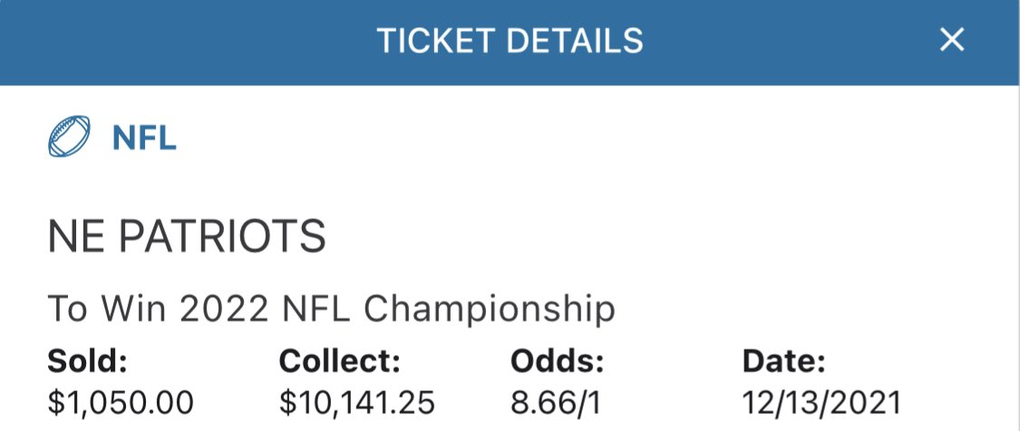 PropSwap's tweet photo. $10K @Patriots Super Bowl ticket was just purchased on PropSwap for $1,050. New odds of 8.6/1 for the buyer - better than every sportsbook in the country! π
Pats are now 7.5/1 or worse at the books. #OnlyOnPropSwap https://t.co/PusDZx68Eo