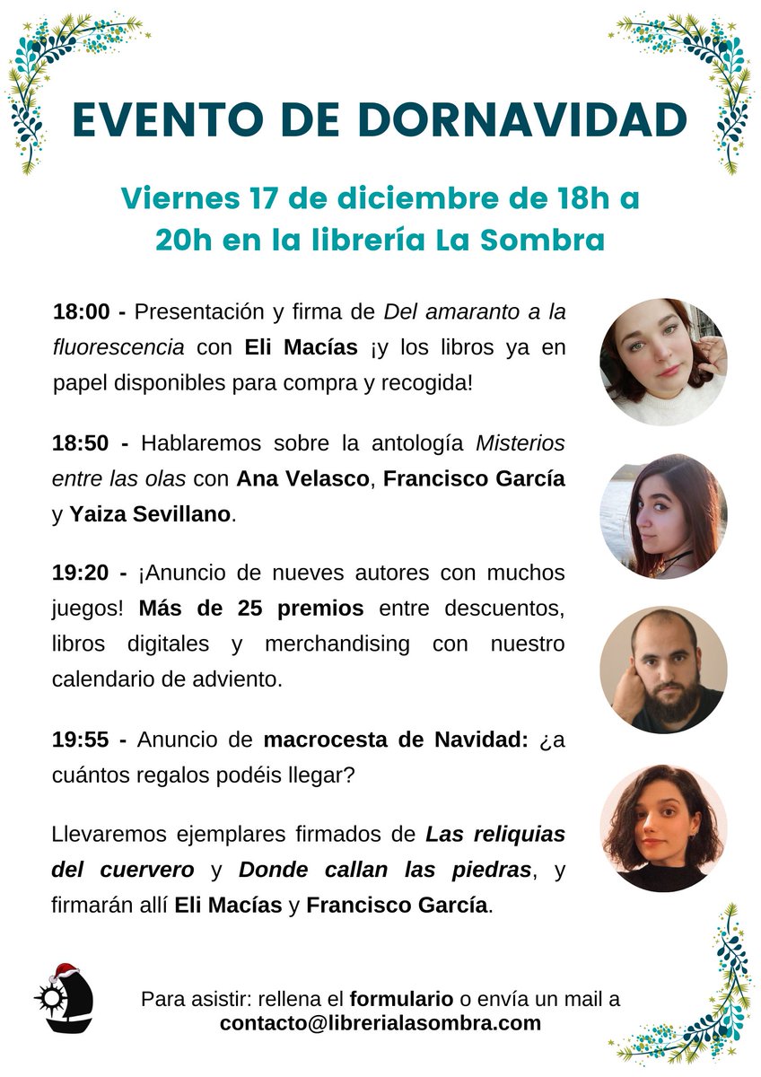 ✨ESTE VIERNES✨

¡Feliz #Dornavidad! El día 17 en <a href="/LaSombraLibros/">LaSombraLibros</a> a las 18h será la presentación de los Robotos de @huwuntress, y contaremos con la bonita presencia de <a href="/FranRecords95/">Fran “ ” 🍉</a>, <a href="/Yaiza_Ser/">Yáiza Ser ✨📖 (she / her)</a> y <a href="/librosdameiga/">Ana 🌿</a> y con muchos premios 😍

¡Para asistir! ➡️
forms.gle/51R19Xqf1FMX4A…