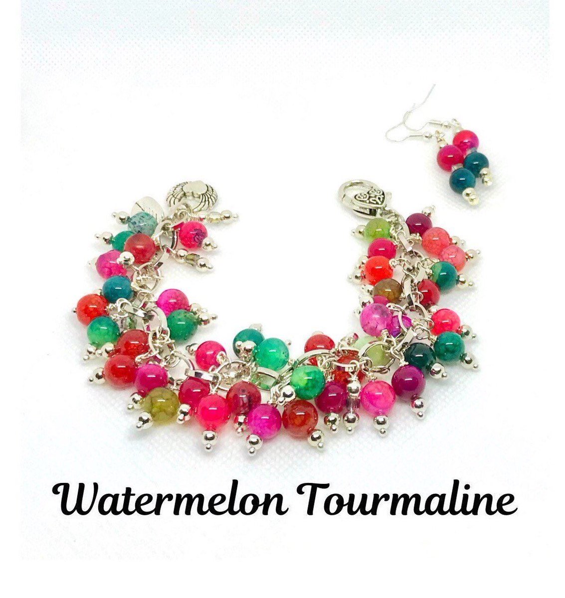 70% off! Excited to share this item from my #etsy shop: Gemstone cluster bracelet set, Watermelon Tourmaline jewelry set for her, boho chic, gift for her etsy.me/3pRO85c