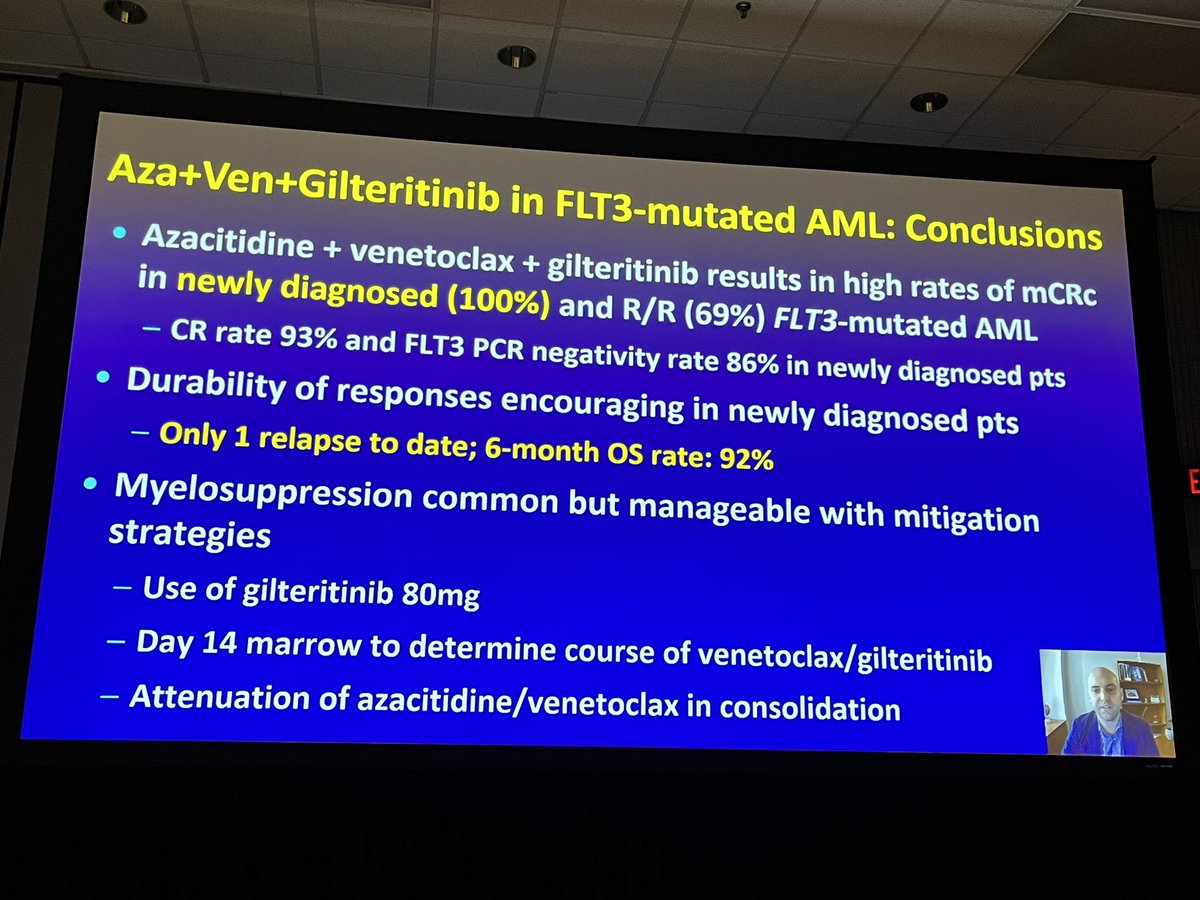 👍🏻Initial results of AZA-VEN-Gilt in FLT3m AML presented by @NicholasShortMD at #ASH21. Very encouraging 🤩 ORR=100% - MRDneg=86% - 6-mo OS=92% in frontline tx