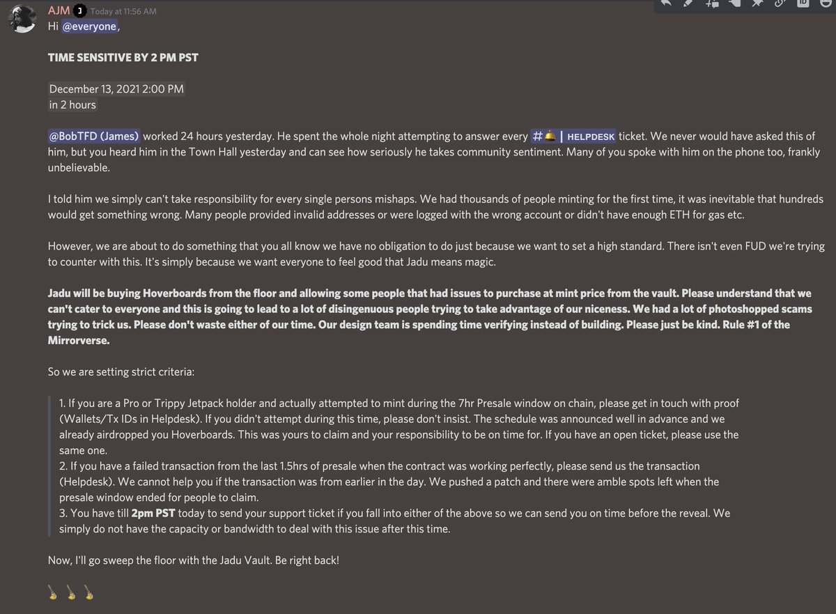 We made an announcement in our Discord that a lot of our community members suggested needs to be shared widely with NFT Twitter.

Blockchain is the wild west. We want to set a high standard for customer service. Just because things are decentralized doesn't mean no one will help.