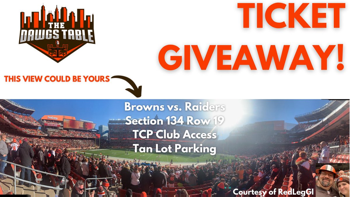 DawgsTable's tweet image. 🚨TICKET GIVEAWAY🚨
#Browns vs. #Raiders 
Sat DEC 18th 4:30 PM - 2 Tickets!

🔥SECTION 134 ROW 19🔥

To Enter:
✅  Like &amp;amp; Retweet this post Follow @DawgsTable 
✅  Follow @RedLegGI 

Tickets are courtesy of Red Leg and his only request is a #ProBowlVote for #CharleyHughlett!