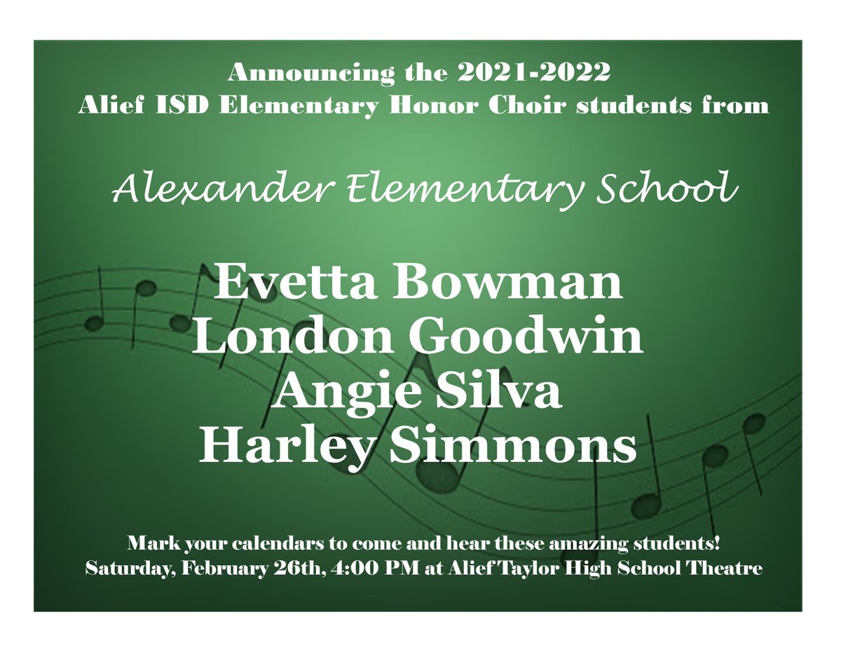 Pamela Stoot (@maestrastoot) on Twitter photo Congrats to our 4 Honor Choir Students who will represent Alexander Elementary in the Alief ISD Elementary Honor Choir! <a href="/aliefFineArts/">Alief ISD Fine Arts</a> <a href="/AliefISD/">Alief ISD</a> <a href="/Alexander_AISD/">Alexander Elementary</a> 🤗🎵🎶#AliefArtsMatter Congrats to our 4 Honor Choir Students who will represent Alexander Elementary in the Alief ISD Elementary Honor Choir! <a href="/aliefFineArts/">Alief ISD Fine Arts</a> <a href="/AliefISD/">Alief ISD</a> <a href="/Alexander_AISD/">Alexander Elementary</a> 🤗🎵🎶#AliefArtsMatter