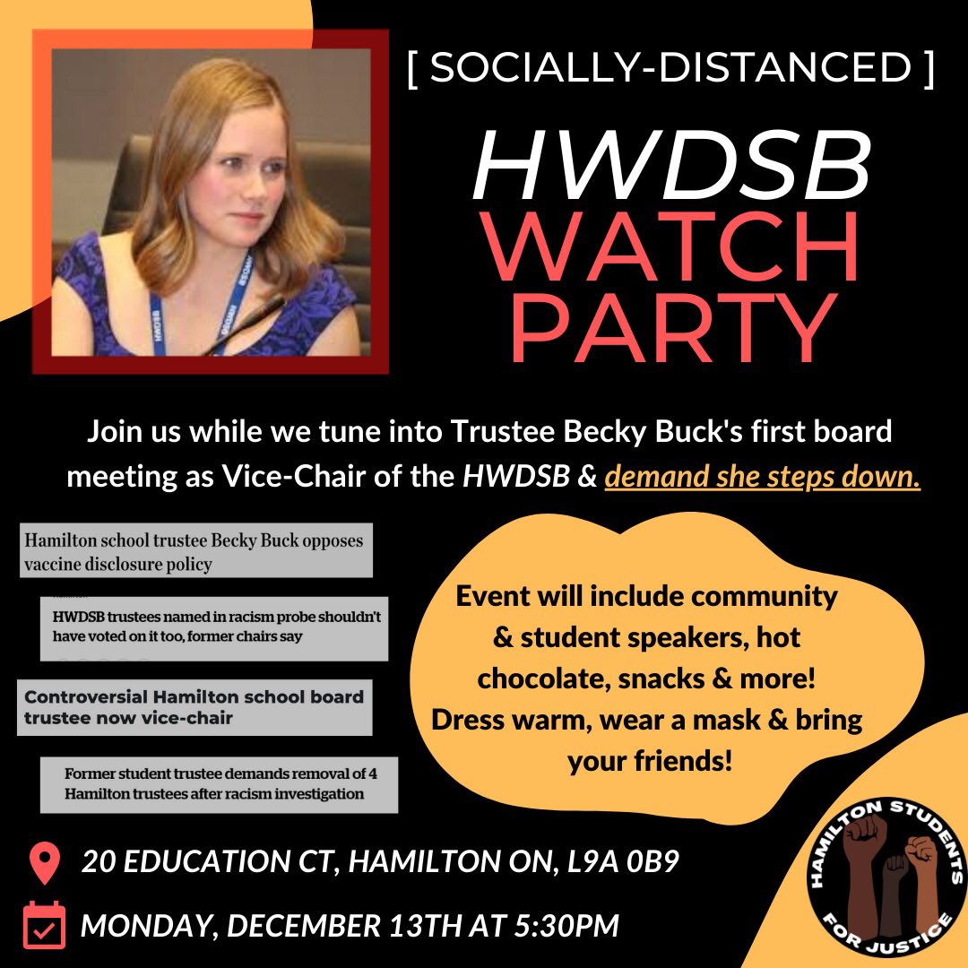 HS4JUSTICE's tweet photo. #HAMONT‼️

Students &amp; community are holding space at the @HWDSB board office to demand that racist trustees no longer have power over crucial educational decisions. 

Join us to listen in on tonight’s board meeting, drink hot cocoa &amp; more! More details👇🏾

See y’all at 5:30❤️ https://t.co/IA8c7bDhIb
