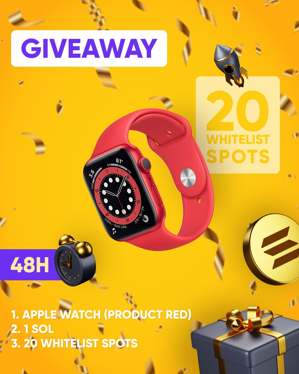 OUR #1 #GIVEAWAYS 

✅ Prizes: 
Apple watch product red 
1 SOL
20 whitelist spots

TO ENTER:

✅ Follow us
✅ Like and retweet posts
✅ Tag 3 friends
✅ Join our Discord discord.gg/TAYaaMf95y

🥇 The winner announcement is in 48h.
#nftgiveaway #CryptoGiveaways #solanaNFT #NFTs