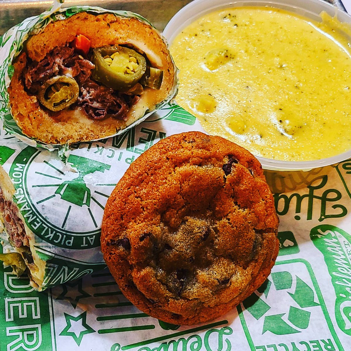KcPickleman's tweet photo. Italian Beef, Cheesy Broccoli Soup and a made from scratch freshly baked  Chocolate chip Cookie!  If that's not a winter wonderland of a deliciousness I don't know what is!! #picklemansgourmetcafe #Sandwich #kcfoodie #soup #cookies #kansascity #waldokcmo #westportkc #downtownkc https://t.co/NwWYgiUp3b