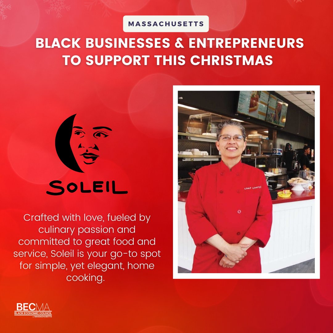 BECMAinc's tweet photo. DAY 12  | 25 days, 25 Black Businesses &amp; Entrepreneurs based in MA

Crafted with love, fueled by culinary passion and committed to great food and service, @SoleilRest617 is your go-to spot for simple, yet elegant, home cooking. 

Visit https://t.co/NyAzhOrKoW to learn more! https://t.co/peoFvnjIUx