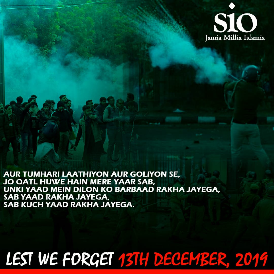 SIOJamia's tweet photo. On 13 December,2019 students of Jamia Millia Islamia gave a call of Parliament March opposing unconstitutional Citizenship Amendment Act 2019.Delhi Police attacked the students brutally,many were hospitalised,thousand of students are waiting for Justice till this day #JamiaAttack https://t.co/3jcwSOFdL0