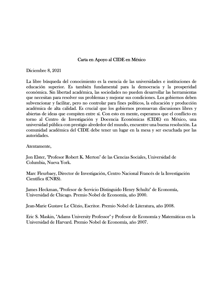 clopezguerra1's tweet photo. ATENCIÓN: Eric S. Maskin, Profesor en Harvard y Premio Nobel de Economía, 2007, se suma a la carta en apoyo al #CIDE que circulamos la semana pasada. Por favor difundan esta información. #YoDefiendoAlCIDE #SomosCIDE @plumaverdeORG @AsambleaCide @Conacyt_MX https://t.co/yF8w7verBN